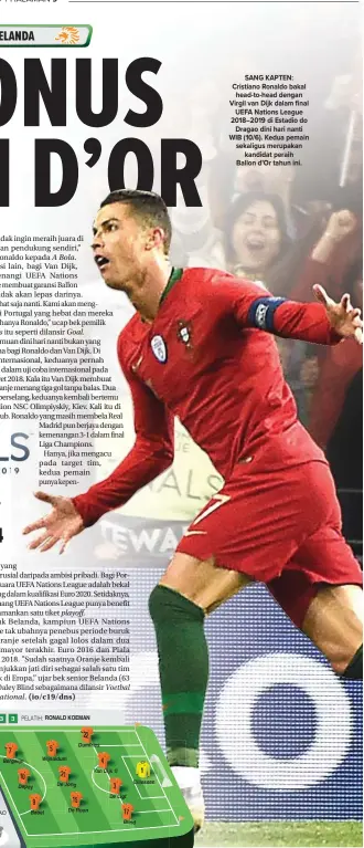  ?? MIGUEL RIOPA /AFP ?? SANG KAPTEN: Cristiano Ronaldo bakal head-to-head dengan Virgil van Dijk dalam final UEFA Nations League 2018–2019 di Estadio do Dragao dini hari nanti WIB (10/6). Kedua pemain sekaligus merupakan kandidat peraih Ballon d’Or tahun ini.