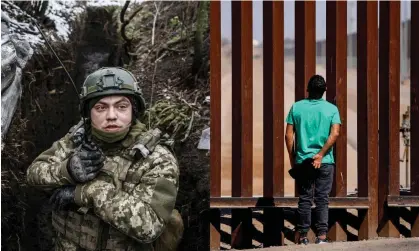  ?? ?? A Ukrainian soldier in Donetsk Oblast on 1 December 2023. A migrant in Sonora, Mexico, along the border fence with the United States on 11 May 2023. Composite: Anadolu; Los Angeles Times via Getty Images