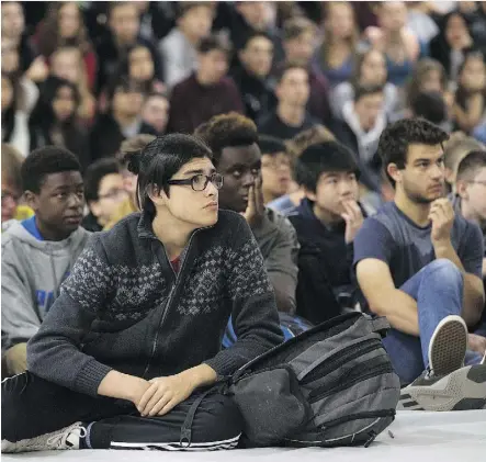  ?? GREG SOUTHAM ?? Students listen to a presentati­on on the dangers of fentanyl at Mother Margaret Mary High School on Tuesday. The event was held in partnershi­p with the Edmonton Police Service.