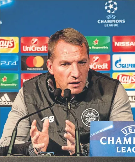 ??  ?? TELLING IT LIKE IT IS: Brendan Rodgers at last night’s Parc des Princes press conference where he hailed the prowess of PSG