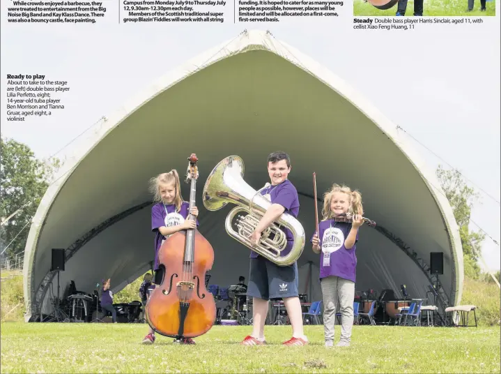  ??  ?? Ready to play About to take to the stage are (left) double bass player Lilia Perfetto, eight; 14-year-old tuba player Ben Morrison and Tianna Gruar, aged eight, a violinist Steady Double bass player Harris Sinclair, aged 11, with cellist Xiao Feng...