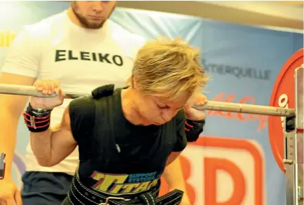  ??  ?? Trish Muldrock at the World Masters Powerlifti­ng Championsh­ip in Estonia earlier this month.