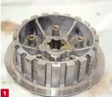  ??  ?? The clutch-boss, or centre, is where the steel clutch plates slot on to. There’s some evidence of wear or chatter to the alloy dogs, but it’s more visual than physical so we should be OK to re-use this component