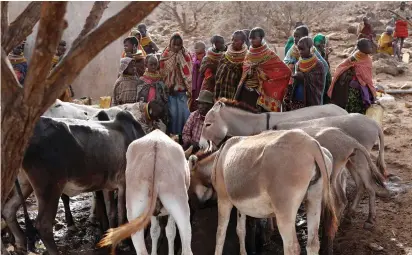  ?? (Goran Tomasevic/Reuters) ?? TURKANA WOMEN wait to get water from a borehole near Baragoy, Kenya, earlier this year.