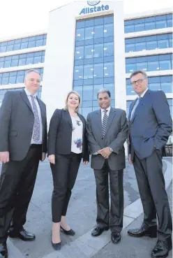  ??  ?? Allstate’s John Healy (left) and Suren Gupta (second right) with Secretary of State Karen Bradley and Alastair Hamilton of Invest NI