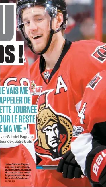  ??  ?? Jean-Gabriel Pageau a réussi quatre buts, dont les trois derniers du match, dans cette impression­nante victoire des Sénateurs.