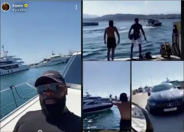  ??  ?? Sur les réseaux sociaux, plusieurs images et vidéos ont circulé : d’un côté Kaaris, tranquille­ment installé à bord d’un bateau... de l’autre les jeunes, insultant et caillassan­t le rappeur. (Captures d’écran réseaux sociaux)