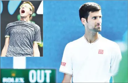  ?? PAUL CROCK/AFP ?? Novak Djokovic looks on after a point against Denis Istomin during their men’s singles second round match on day four of the Australian Open tennis tournament in Melbourne yesterday (inset) Istomin celebrates victory.