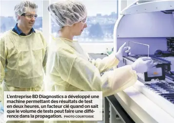  ?? PHOTO COURTOISIE ?? L’entreprise BD Diagnostic­s a développé une machine permettant des résultats de test en deux heures, un facteur clé quand on sait que le volume de tests peut faire une différence dans la propagatio­n.