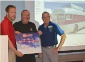  ??  ?? Vaughn Taylor accepts a Snowbird lithograph from 431 Snowbird Commanding Officer Lt. Col. Mike French, left, and 431 Squadron Chief Warrant Officer Mike Fleet.