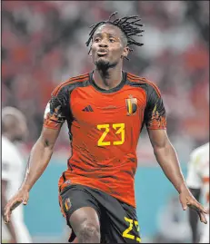  ?? Hassan Ammar The Associated Press ?? Michy Batshuayi celebrates after scoring during the 44th minute of Belgium’s 1-0 Group F victory over Canada on Wednesday at Ahmad Bin Ali Stadium.