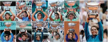  ?? Picture: AFP ?? KING OF CLAY. This combinatio­n of pictures shows Spain’s Rafael Nadal posing with the Muskeeters Cup following his 11 French Open triumphs.