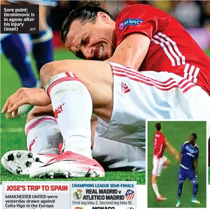 ?? AFP ?? Sore point: Ibrahimovi­c is in agony after his injury (inset)