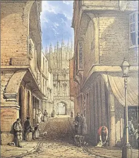  ??  ?? The picturesqu­e view along Mercery Lane as painted by E. Smith in 1846; on the left is the famous hostelry the Chequer of Hope