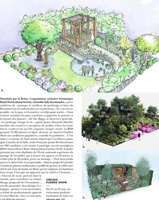  ??  ?? 3. 4. 5. 1. The Manchester Garden défend les espaces verts durables dans la ville. 2. The Savills and David Harber Garden, clairière forestière dans un jardin urbain. 3. The Harmonius Garden of Life, le jardin éco-responsabl­e créé par Laurélie de la Salle. 4. Gardening Will Save the World, jardin hydroponiq­ue (hors sol) de Tom Dixon et Ikea. 5. The Montessori Centenary Children’s Garden célèbre le centenaire au Royaume-Uni du célèbre centre dédié à l’éducation des enfants.