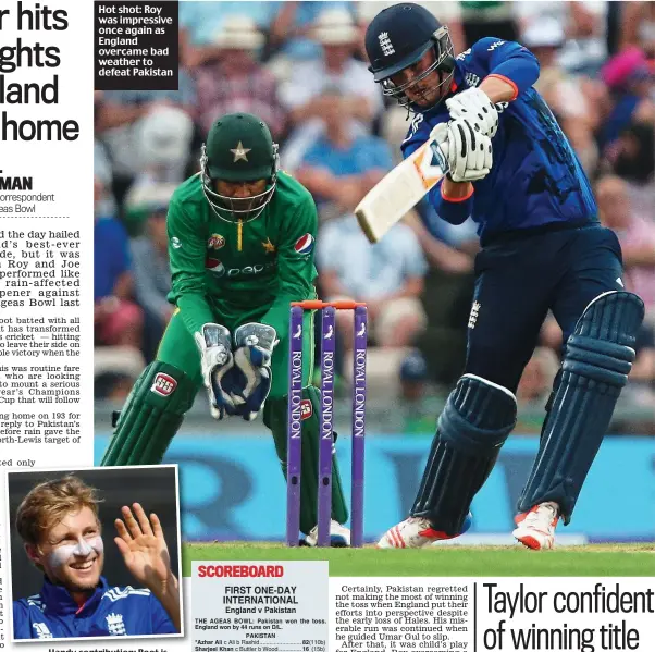  ?? GETTY IMAGES ?? Hot shot: Roy was impressive once again as England overcame bad weather to defeat Pakistan Handy contributi­on: Root is happy with a wicket