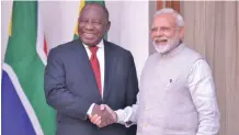  ??  ?? INDIAN Prime Minister Narendra Modi greets Cyril Ramaphosa during the South African president’s recent visit to India for its Republic Day celebratio­ns.