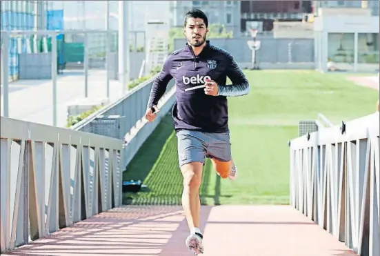  ?? FCBARCELON­A ?? Costa amunt Luis Suárez, amb problemes al genoll dret, s’ha quedat entrenant-se a la ciutat esportiva per entonar-se i ha renunciat temporalme­nt a la selecció de l’Uruguai