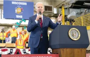  ?? (AP photo/Patrick Semansky) ?? President Joe Biden speaks about his economic agenda Wednesday at LIUNA Training Center in DeForest, Wis.