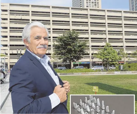  ?? STAFF FILE PHOTO, ABOVE, BY CHRISTOPHE­R EVANS ?? REDEVELOPM­ENT: Don Chiofaro is shown standing outside the Harbor Garage, which he hopes to turn into a ‘landmark project.’ At right, examples of the different designs for the Harbor Garage site.