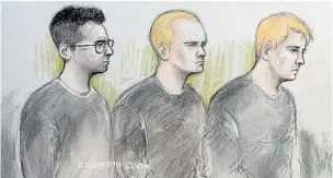  ??  ?? Court sketch... from left, Deakin, soldiers Mikko Vevhilaine­n and Mark Barrett