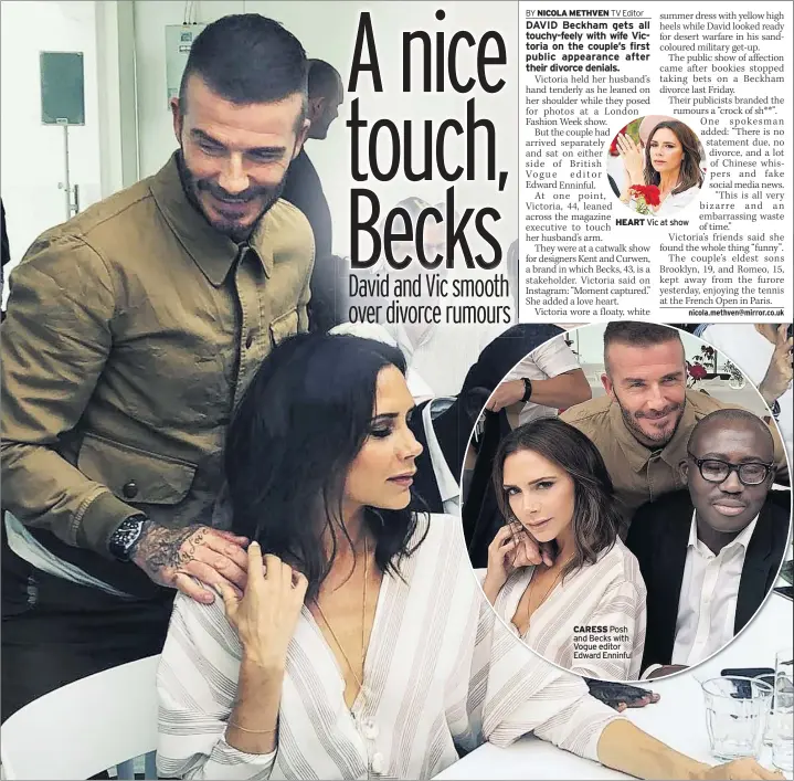  ??  ?? CARESS Posh and Becks with Vogue editor Edward Enninful