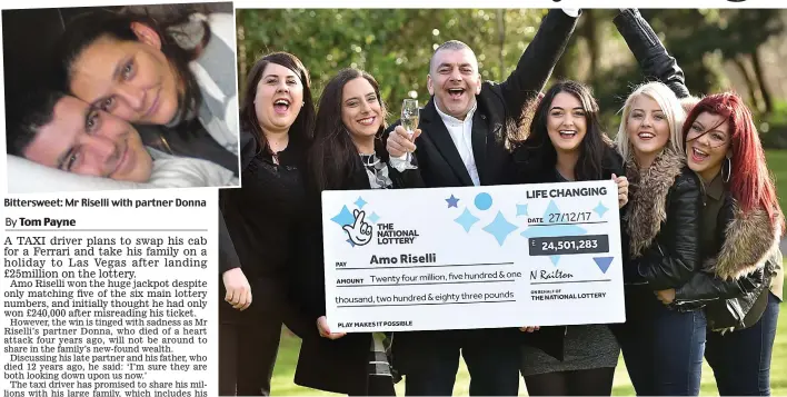  ??  ?? Bitterswee­t: Mr Riselli with partner Donna Over the moon: Amo Riselli, 50, celebrates his multi-million pound lottery win with his five daughters in Gloucester