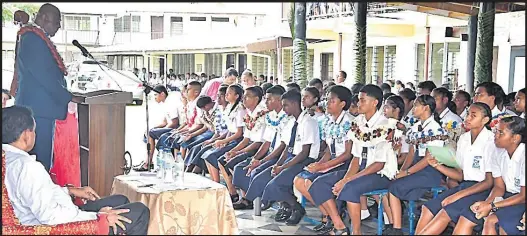  ?? Picture: FIJI GOVERNMENT ?? Office of the Prime Minister’s Assistant Minister, Sakiusa Tubuna during his address at the Nakasi High School prefect induction ceremony last week.