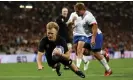  ?? Paul Harding/Getty Images ?? Damian McKenzie dives over for New Zealand’s third try against Namibia. Photograph: