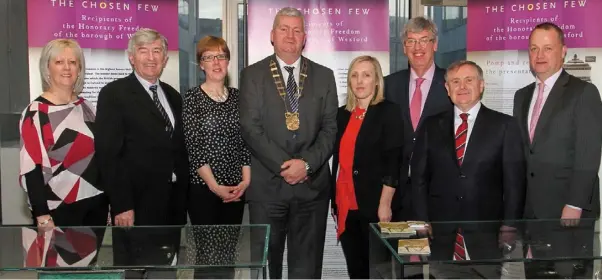  ??  ?? At the opening of the ‘The Chosen Few’ exhibition: Angela Laffan, Wexford District Manager; Cllr Tony Dempsey, Deputy Mayor; Grainne Doran, archivist, Wexford County Council; Cllr Paddy Kavanagh, County Council Chairman; Eileen Morrissey; John Carley,...