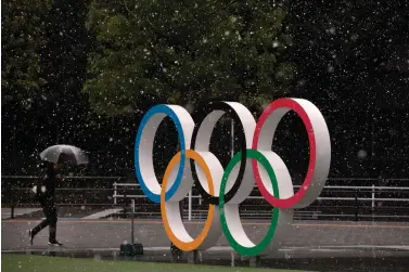  ?? Jae C. Hong/Associated Press ?? ■ Snow falls on the Olympic rings Saturday near the New National Stadium in Tokyo.