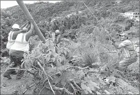  ?? AP/CARLOS GIUSTI ?? Public works official Ramon Mendez (left) helps municipal workers install a new post to restore electricit­y to a resident’s home in Coamo in southern Puerto Rico.