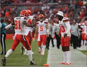  ?? TIM PHILLIS — FOR THE NEWS-HERALD ?? Rashard Higgins celebrates with Jarvis Landry during the Browns’ preseason victory over the Redskins on Aug. 8, 2019.