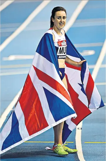  ??  ?? Shining example: Laura Muir yesterday wore her fluorescen­t yellow spikes for the third time this year and was a winner once again