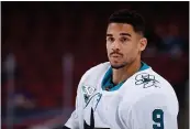 ?? CHRISTIAN PETERSEN — GETTY IMAGES/TNS ?? Evander Kane of the San Jose Sharks warms up during a game against the Arizona Coyotes at Gila River Arena on March 27, in Glendale, Arizona.