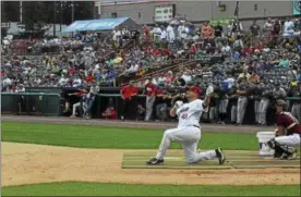  ?? BY SAM BLUM — SBLUM@ DIGITALFIR­ST MEDIA.COM ?? Jake Adams breathes after winning the Home Run Derby prior to the All-Star game at Joe Bruno Stadium on Aug. 15, 2017.