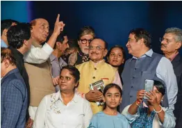  ?? — PTI ?? Defence minister Rajnath Singh, Union minister Nitin Gadkari, actor Amitabh Bachchan and others during a function to pay homage to 26/11 victims at Gateway of India in Mumbai on Tuesday.