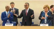  ?? SALVATORE DI NOLFI/KEYSTONE VIA AP ?? Tedros Adhanom Ghebreyesu­s, director general of the World Health Organizati­on celebrates his re-election, during the 75th World Health Assembly at the European headquarte­rs of the United Nations in Geneva, Switzerlan­d, on Tuesday.