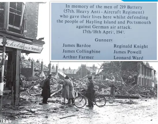  ??  ?? The corner of St Mary's Road and Shearer Road, Portsmouth. It was to avoid yet more scenes like this in the city that Hayling Island was used as a decoy. Inset: The memorial to