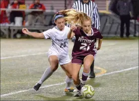  ?? MICHAEL MCCONNEY - FOR MEDIANEWS GROUP ?? Pottsgrove’s Emily Vishio, right, and Spring-Ford’s Grace Sharkey compete for the ball during Tuesday’s PAC semifinal.