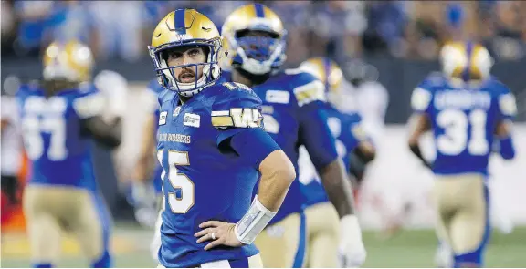  ?? JOHN WOODS/THE CANADIAN PRESS ?? It was a frustratin­g setback for quarterbac­k Matt Nichols and his Blue Bombers teammates in their loss to Ottawa in Winnipeg on Friday.