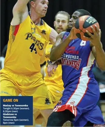  ?? Photo: Kevin Farmer ?? BIG AMBITIONS: Damon Bozeman attacks the basket against the South West Metro Pirates. This week he has trained with the Brisbane Bullets in the hopes of securing a spot on the 11-man roster.