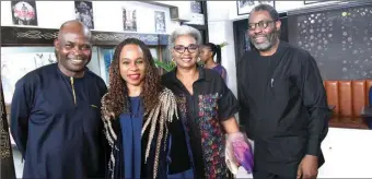  ?? ?? Art and culture advocate and Programme Chairman of Committee of Relevant Arts CORA, Jahman Anikulapo ( left); filmmaker and founder of Terra Kulture, Bolanle Austin- Peters; veteran broadcaste­r, Bimbo Oloyede and Chief Executive, Zuri 24 Media, Femi Odugbemi during an evening with the icon, organised by Terra kulture in Lagos on Sunday.