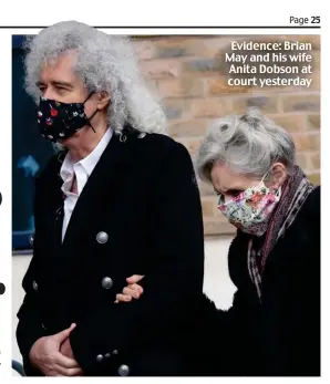  ??  ?? Evidence: Brian May and his wife Anita Dobson at court yesterday