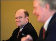  ?? (AP/Kamran Jebreili) ?? U.S. Sens. Chris Coons (left), D-Del., and Chris Van Hollen, D-Md., hold a news briefing Monday in Abu Dhabi, United Arab Emirates. Coons said “close consultati­on” with the UAE about the nuclear talks in Vienna was “important, expected and happening.”