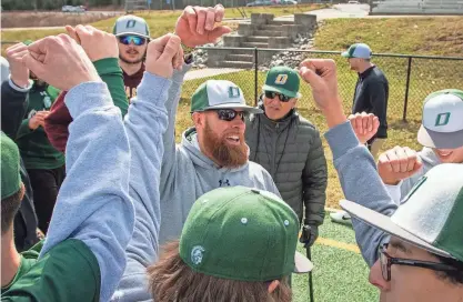  ?? PHOTOS BY RICK CINCLAIR/TELEGRAM & GAZETTE ?? Oakmont baseball coach Tim Caouette gathers the team on the first day of practice on Monday.