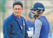  ?? AFP/GETTY IMAGES ?? The reported rift between Virat Kohli (right) and Anil Kumble has soured what has been a great run for India.