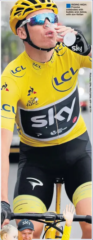  ??  ?? RIDING HIGH: Froome celebrates with bubbly and, below, with son Kellan