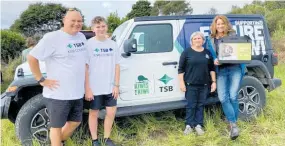  ??  ?? TSB kiwi couriers delivered a kiwi to Parininihi Forest. From left: TSB sponsorshi­p manager Geoff Hitchcock, Carter Hitchcock, Kiwis for kiwi western region coordinato­r Michelle Bird, Kiwis for kiwi executive director Michelle Impey.