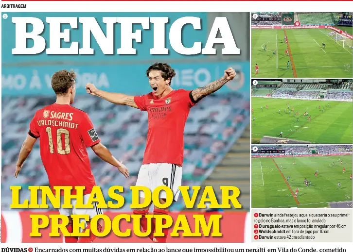  ??  ?? 1Darwin ainda festejou aquele que seria o seu primeiro golo no Benfica, mas o lance foi anulado
2O uruguaio estava em posição irregular por 46 cm 3Waldschmi­dt em fora de jogo por 10 cm
4Darwin estava 42 cm adiantado